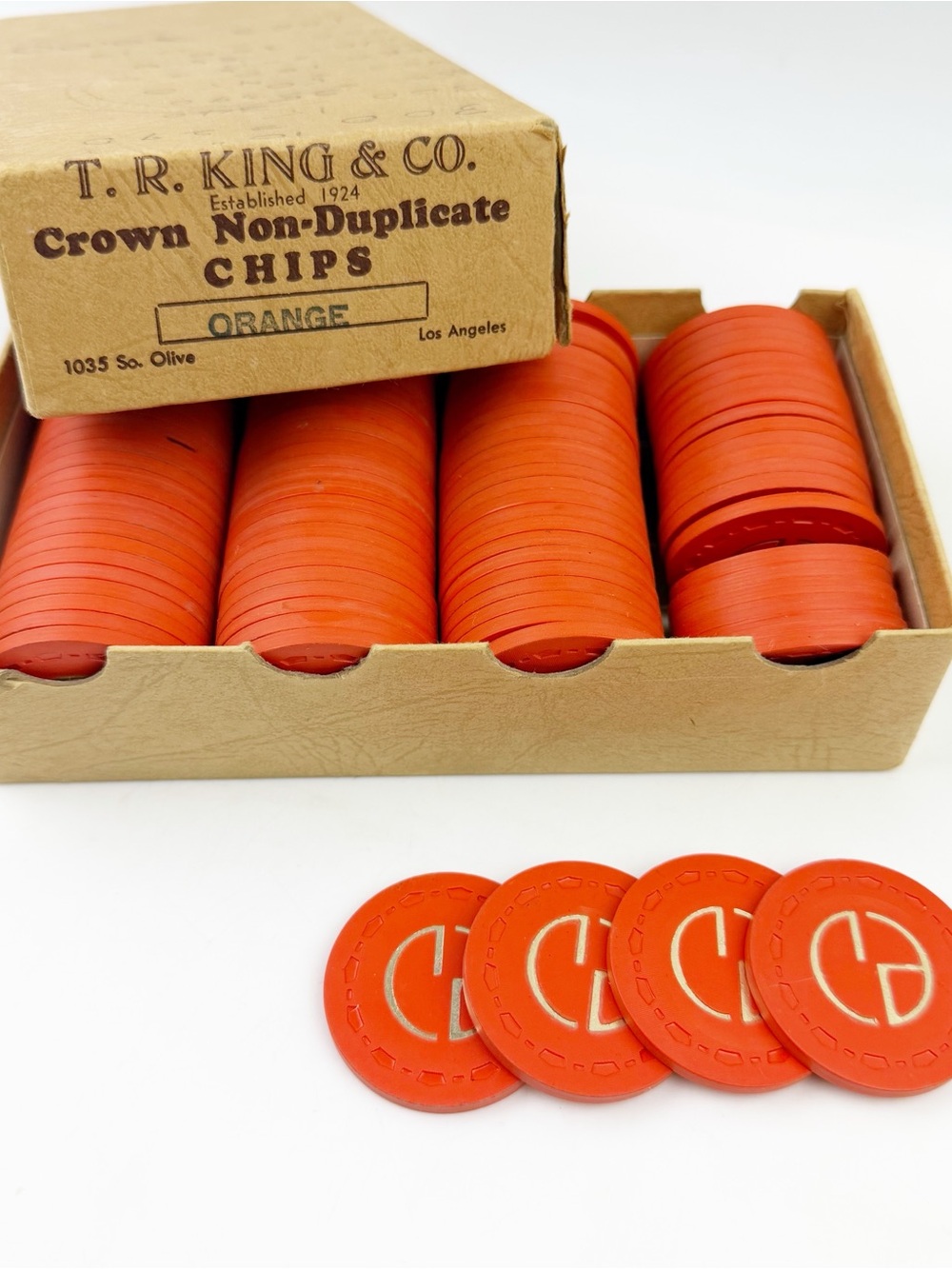 Vintage T.R. King Crown Non-Duplicate Orange Poker Clay Chips 100pc Set Box TRK